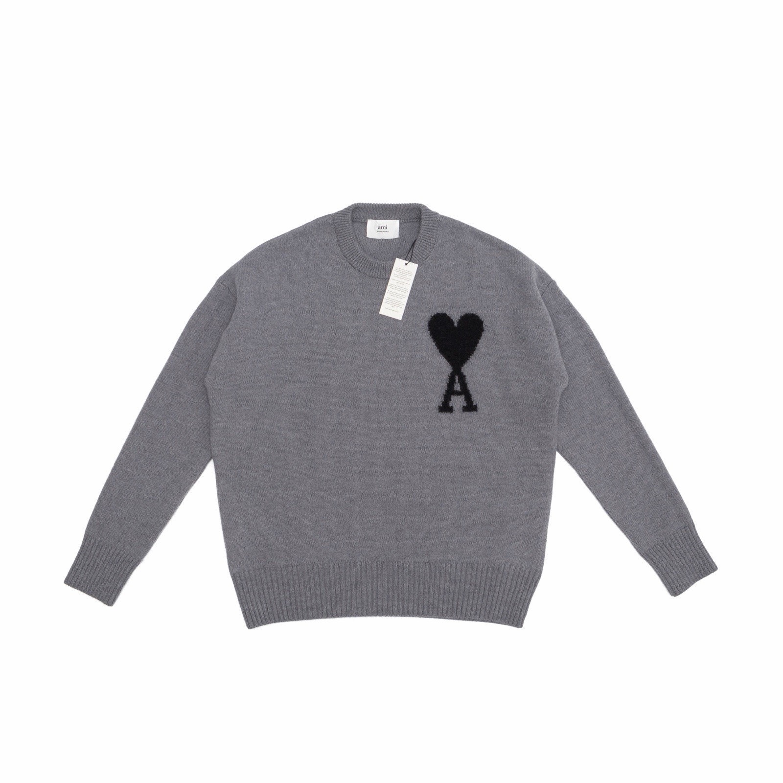 590$ New Ami Paris Men’s Ami De Coeur Merino Wool Crewneck Jumper Gray Sz: M